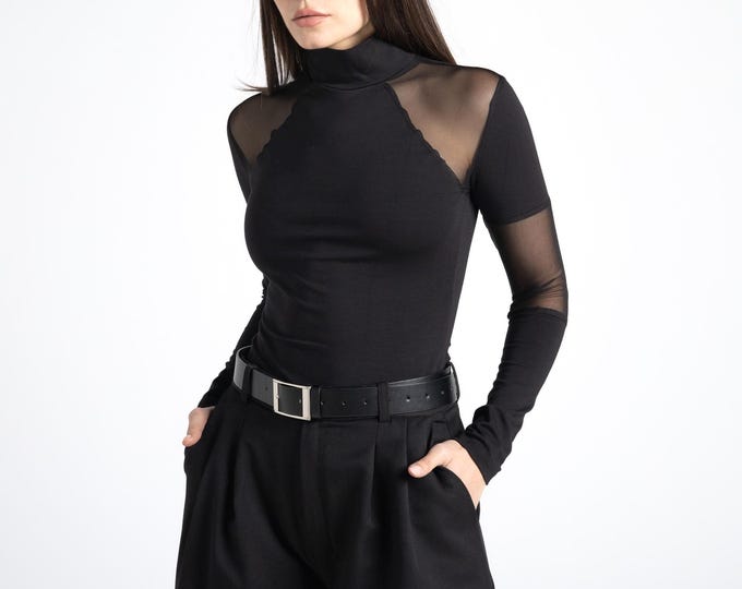 Elegant Sheer Black Long Sleeve Top – Minimalist Fitted High Neck Mesh Top – Evening Cocktail blouse
