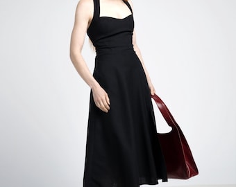 Monroe linen backless midi halter dress with pockets