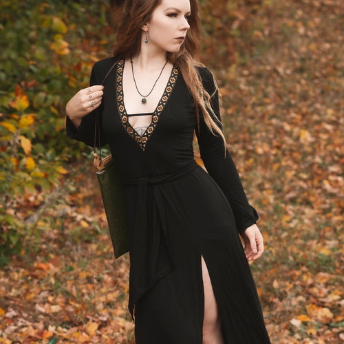 Maxi Long Winter Bohemian Dress. V-neck 