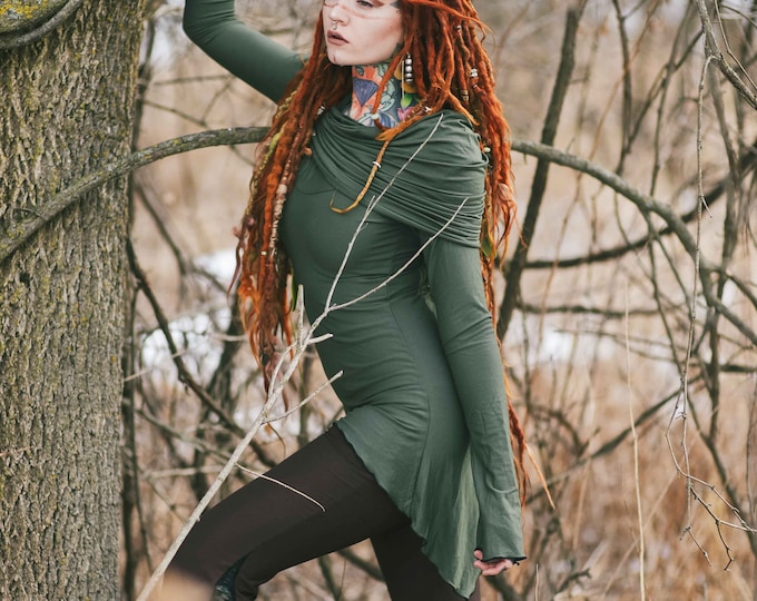 Green hooded sweater with sleeves, Goth dress. Pixie tunic dress. Fairy dress. Goth clothes. Pixie clothing. Elven dress. Medieval clothing