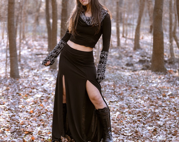 Black maxi skirt with double opening. Bohemian maxi skirt. Festival pixie skirt. Gypsy long skirt. Faery long skirt. Burning man skirt