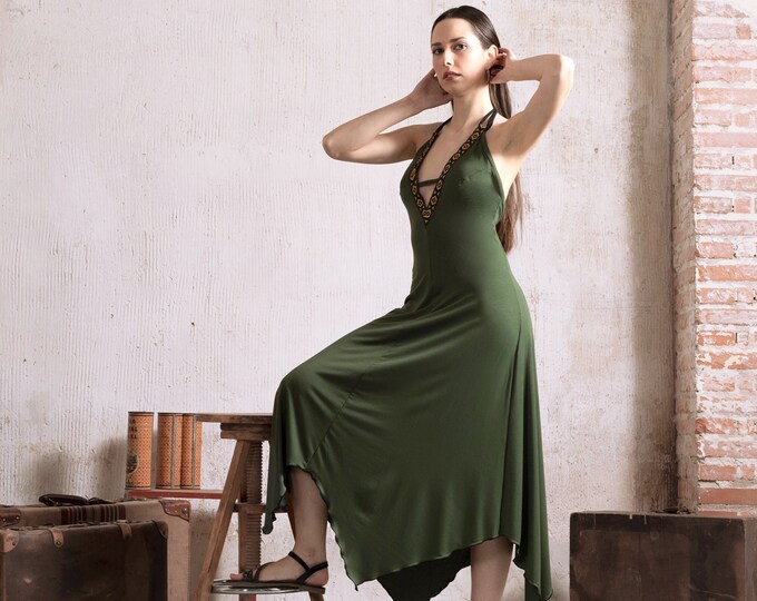 Women's long asymmetrical green dress / boho summer dress / Evening dress / Chic dress/ Festival bohemian dress / Prom dress / fairy dress