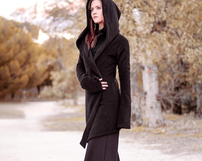 Elven black Fleece hooded coat. Long wrap winter pixie coat. Pixie fleece hooded jacket. Fairy cloak. Hoodie. Winter gothic hooded jacket.