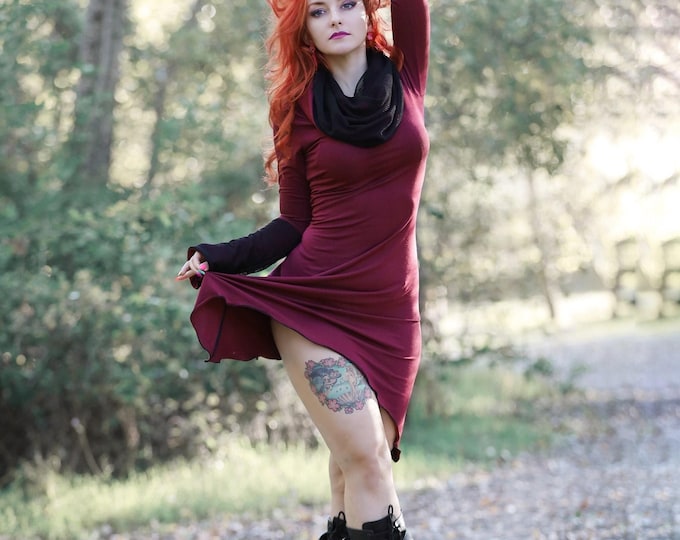 Bordeaux pixie hooded tunic dress. Winter Long sleeve cowl neck dress. Fairy dress. Elven hooded dress. Elven clothes. Bohemian dress. Goth
