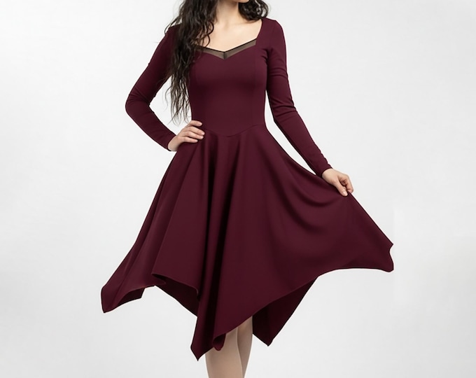 Bordeaux ren fae goth midi dress. Medieval fairy dress. Romantic tunic. Long sleeve midi corset dress. Bohemian dress. Gothic clothing