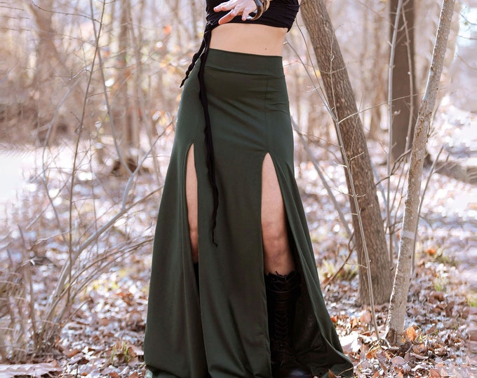 Organic green Bamboo boho Long Skirt with Front Slits. Belly dance skirt. Tribal skirt. Gypsy skirt. Festival skirt. Bohemian maxi skirt.