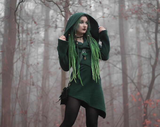 Hooded winter jacket. Goth jacket. Faery jacket. Green jacket,  hooded coat, fantasy jacket. Winter coat. Pixie coat. Game of thrones