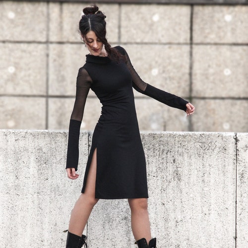 Sweatshirt Dress / Long Sleeve Dress / Winter Black Dress / Goth dress / Turtleneck Dress / Minimal dress / gothic clothes / Minimalism