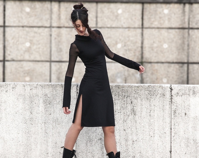 Sweatshirt Dress / Long Sleeve Dress / Winter Black Dress / Goth dress / gothic clothes / turtleneck Mesh midi dress / cocktail dress