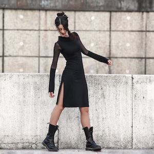 Sweatshirt Dress / Long Sleeve Dress / Winter Black Dress / Goth dress / gothic clothes / turtleneck Mesh midi dress / cocktail dress