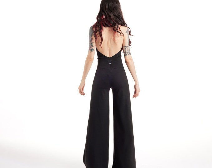 Backless hooded palazzo jumpsuit. Goth wide leg romper, Yoga romper, Hooded open back romper, minimal cocktail jumpsuit, festival jumpsuit