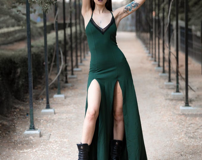 Maxi green elven dress. Boho strappy fairy gown. Gothic forest maxi dress. Festival witch dress. Long V-neck slit dress. Wedding maxi dress
