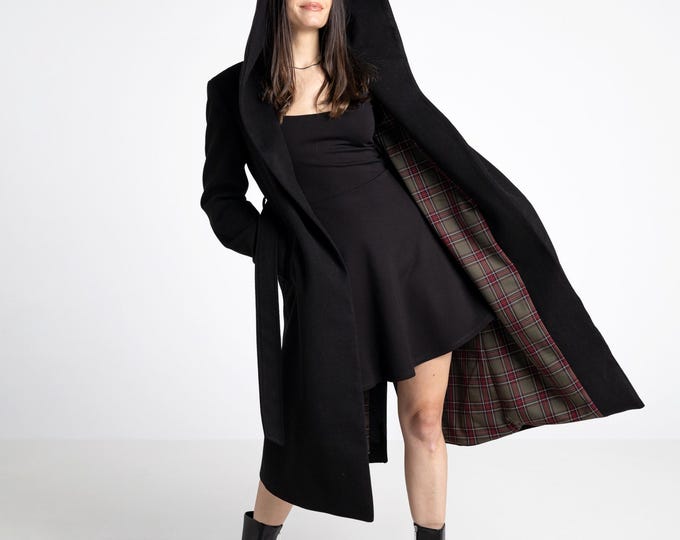 PREORDER- Hooded long winter coat. Black Tartan lining winter oversize coat. Classic unixex maxi hooded coat