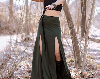 Organic green Bamboo boho Long Skirt with Front Slits. Belly dance skirt. Tribal skirt. Gypsy skirt. Festival skirt. Bohemian maxi skirt.