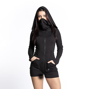 Hooded sleeve romper with face mask. Rave Hooded sleeve playsuit. Festival hooded romper. Festival clothing. Goth sleeve hoodie jumpsuit.