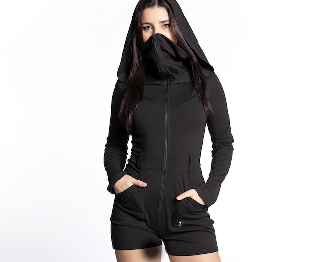 Hooded sleeve romper with face mask. Rave Hooded sleeve playsuit. Festival hooded romper. Festival clothing. Goth sleeve hoodie jumpsuit.