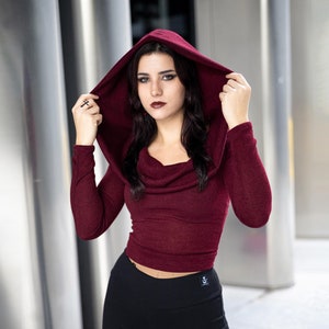 Cowl hooded cotton sleeve crop top. Pixie cowl hooded top. Elven top. Elven clothes. Fairy Hippie Pixie Top. Festival clothing. Grunge elf