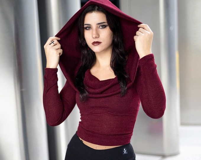 Cowl hooded cotton sleeve crop top. Pixie cowl hooded top. Elven top. Elven clothes. Fairy Hippie Pixie Top. Festival clothing. Grunge elf
