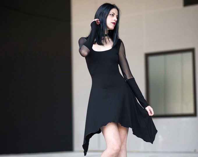 Mesh tunic goth dress. Black Long sleeve mesh dress. Elven dress. Pixie clothes. Witchy Gothic dress. Pixie halloween dress. Fairy dress