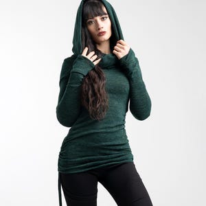 Emerald green Hooded pixie sweater tunic. Knit hooded sweater. Faery hood cardigan. Cowl neck Elven hooded pullover