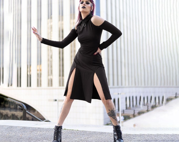 Gothic winter slits midi dress, Goth clothes, Steampunk clothing, sleeve dress, cosplay dress, witchy dress, festival dress, grunge dress