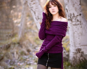 Plum sweater top with long sleeves. Sweater dress. Hooded sweater top. Winter tunic dress. Hooded elven top. Pixie clothes, Bohemian sweater