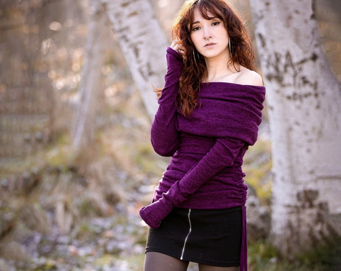 Plum sweater top with long sleeves. Sweater dress. Hooded sweater top. Winter tunic dress. Hooded elven top. Pixie clothes, Bohemian sweater