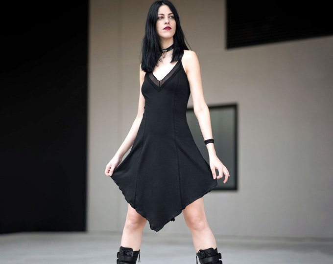 CLEARANCE Gothic Punk dress with Princess cut. Plunging Neckline Strappy Dress. Elven dress. Pixie dress. Pixie clothing. Faery dress.