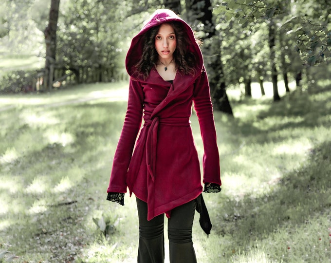 Elven Fleece hooded coat. Long wrap winter pixie coat. Pixie fleece hooded jacket. Fairy cloak. Hoodie. Winter hooded jacket. Gothic jacket.