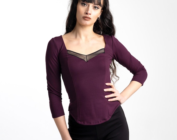 Plum Square Neck Blouse, Women's Elegant coset Top, Extra 3/4 Sleeve gothic top, Fae Cocktail Top. Medieval coset top