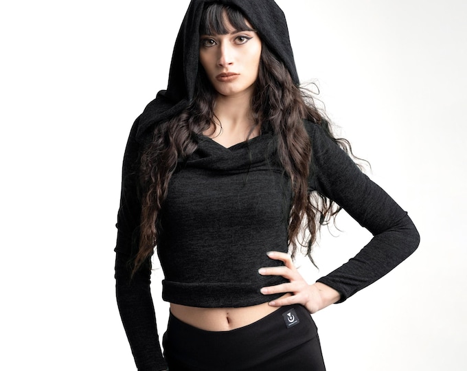 Black Hooded knitted sleeve top. Goth top. Hooded pixie crop top. Faery top. Elven clothes. Festival clothes. Yoga top. Yoga clothes.