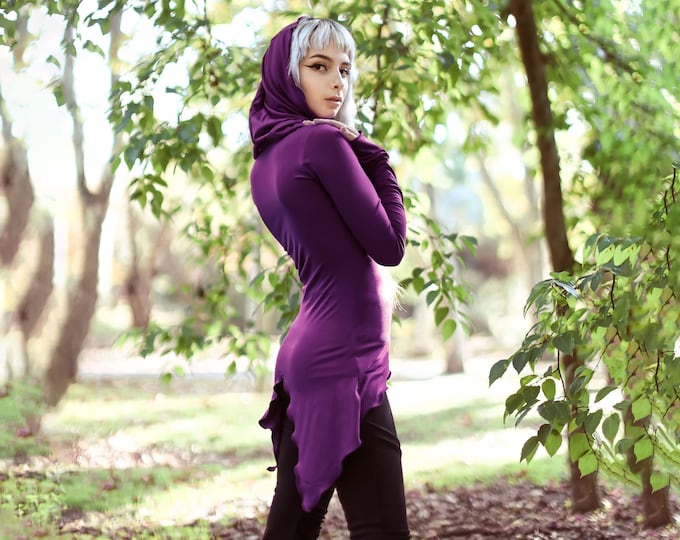 Purple Hooded pixie top. Goth dress. Pixie tunic dress. Fairy dress. Goth clothes. Pixie clothing. Elven dress. Medieval. Pixie clothes