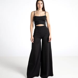 Black wide leg jumpsuit. Festival jumpsuit. Cocktail formal jumpsuit. Minimal overall. Festival clothing. Palazzo romper.