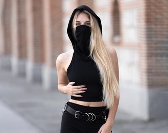 Face mask hooded crop top. Ninja hooded top. Festival dust mask hooded top. Rave clothing. Tie Backless hooded top. Festival clothing