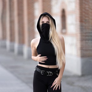 Face mask hooded crop top. Ninja hooded top. Festival dust mask hooded top. Rave clothing. Tie Backless hooded top. Festival clothing