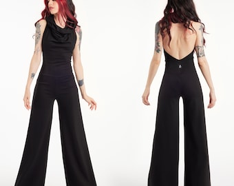 Hooded backless jumpsuit. Goth jumpsuit. Wedding jumpsuit. Steampunk romper. Wide leg romper. festival clothes. Yoga clothes.