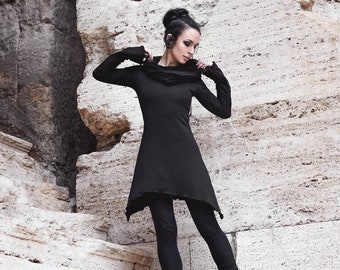 Black pixie cowl hooded tunic dress. Pixie Winter Long sleeve cowl neck dress. Fairy dress. Elven hooded dress. Elven clothes. Goth dress.