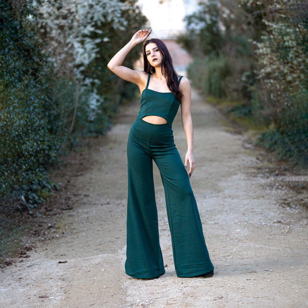 Emerald green wide leg jumpsuit. Teal overall. Festival jumpsuit. Formal jumpsuit. bohemian jumpsuit. Boho clothes. Festival clothing.