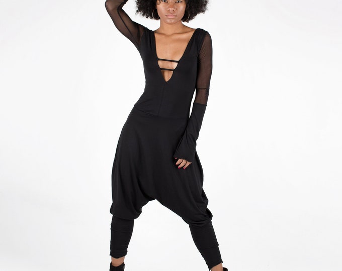 Black harem Jumpsuit / minimalist jumpsuit / Black Romper / Futuristic Jumpsuit / Festival overall / Festival clothing / Fire dance romper