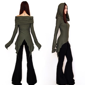 Hikari-Tunika mit Wasserfallausschnitt. Elfen-Tunika mit Kapuze. Kleid mit Kapuze. Pixie-Tunika-Oberteil. Hoodie. Pixie-Kleid. Gothic-Kleid. Gothic-Tunika