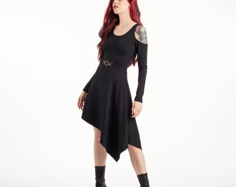 Gothic tunic Dress with Long sleeve. Naked Shoulder asymmetric midi Dress. Pixie faery dress. Elven dress. Fae Witch dress. Halloween dress
