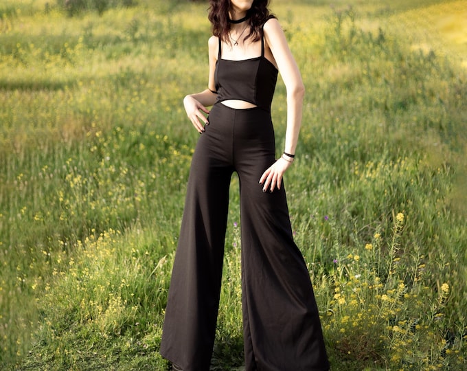 Black formal spaghetti strap jumpsuit. Wide leg overall. Festival jumpsuit. Black boho pantsuit. Bohemian jumpsuit. Gothic jumpsuit.