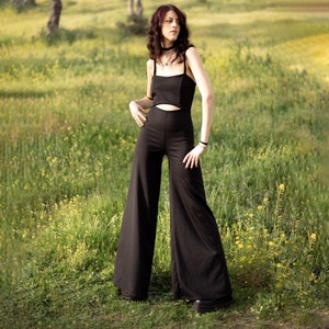 Black formal spaghetti strap jumpsuit. Wide leg overall. Festival jumpsuit. Black boho pantsuit. Bohemian jumpsuit. Gothic jumpsuit.