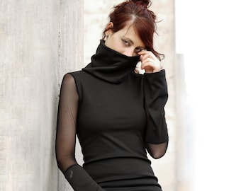 Black mesh top / Black casual sweater / Long sleeves top / Black blouse / Cyberpunk / Gothic clothing / Minimal top / turtle neck top /