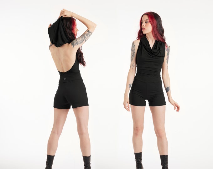 Backless hooded short jumpsuit. Yoga hooded jumpsuit. Festival romper. Flow art costume. Yoga. Festival clothing. Burning man playsuit.