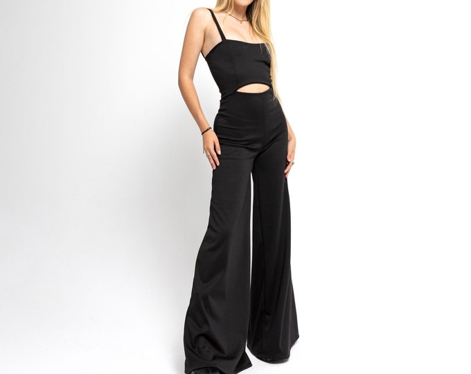 Black wide leg jumpsuit. Festival jumpsuit. Cocktail formal jumpsuit. Minimal overall. Festival clothing.