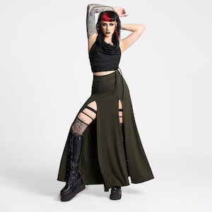 Green long skirt with front split open. Dance costume skirt. Fire dance clothing. Boho maxi skirt. Festival skirt. Burning Man clothes.