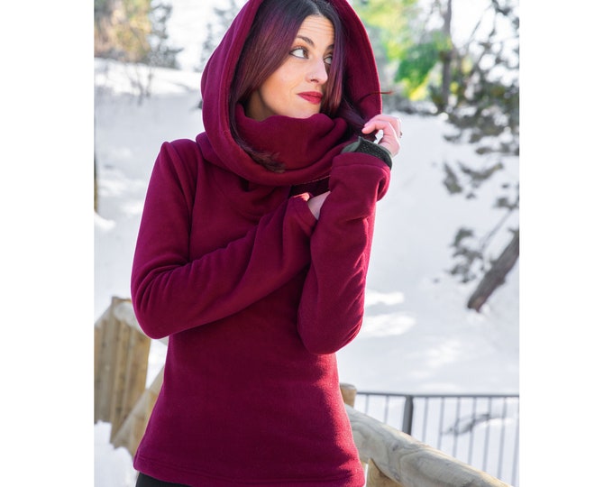 Wine Fleece Hooded Coat. Long Wrap Winter Coat. Pixie Fleece 