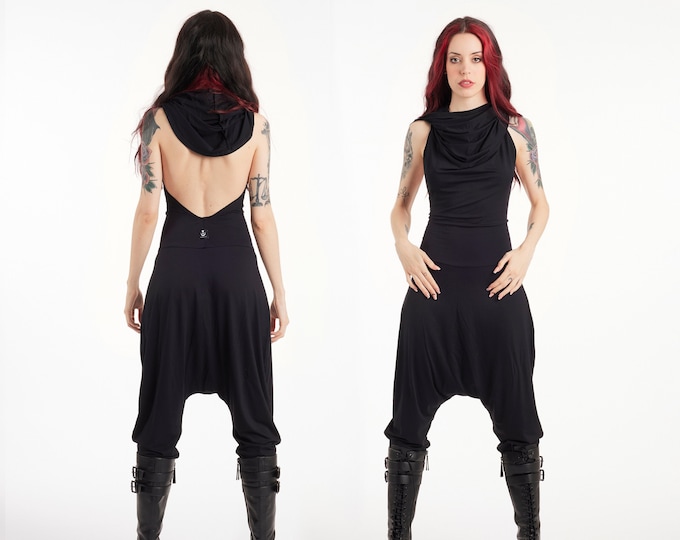 Black Hooded backless jumpsuit, festival clothing, burning man haremsuit, Yoga clothing, yoga jumpsuit, Rave clothing, festival jumpsuit