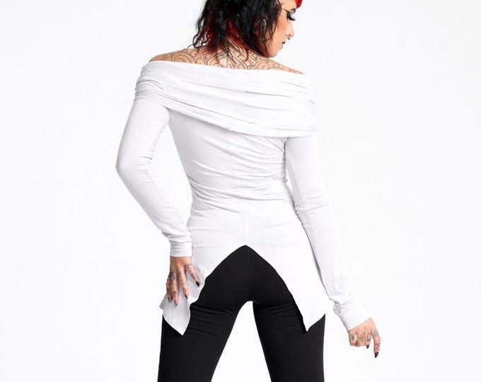 White off shoulder cowl neck organic cotton sleeve top. Hooded long sleeve top. Fae top